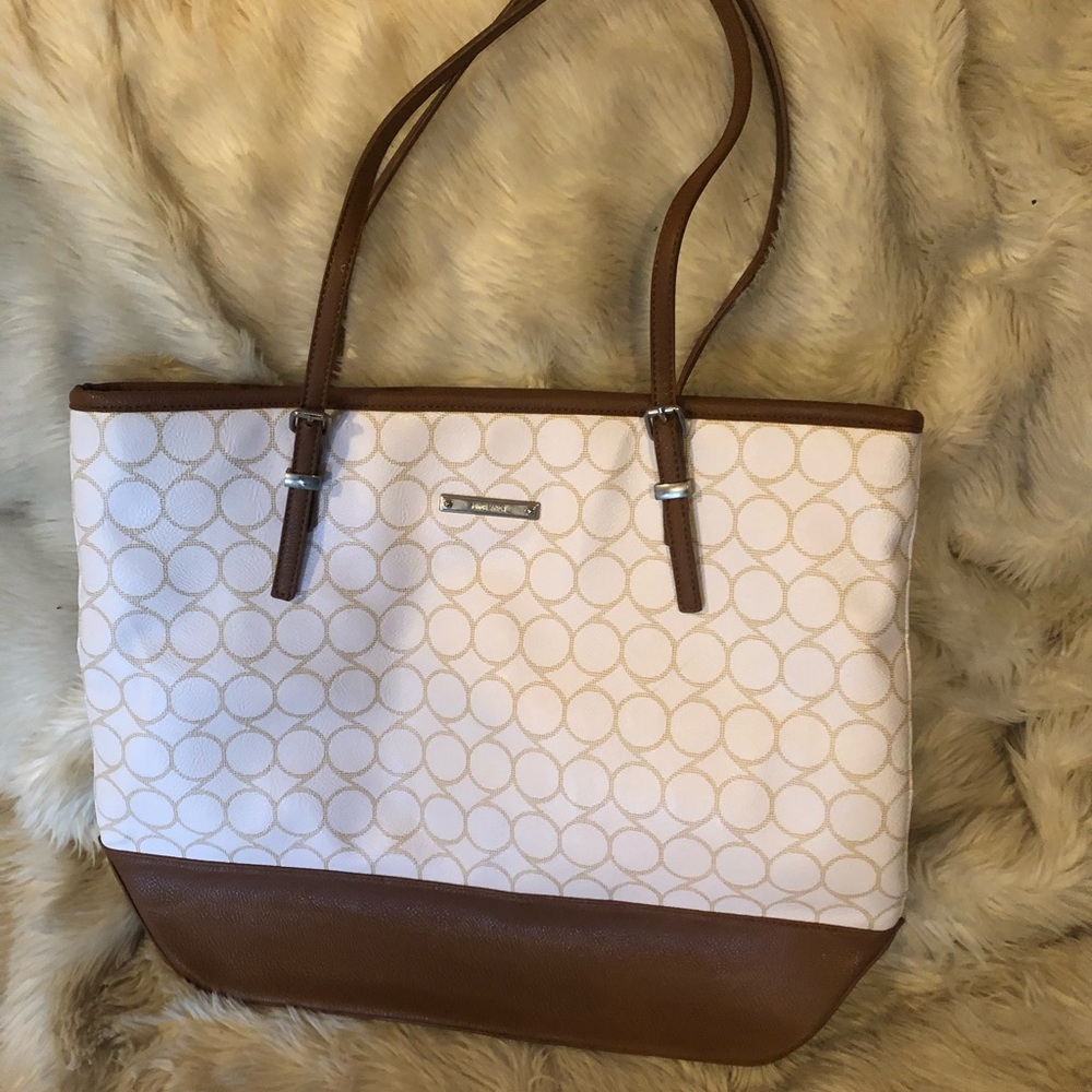 Nine west print tote bag purse Large Dual Handles 17x13 Tan Circle Print.